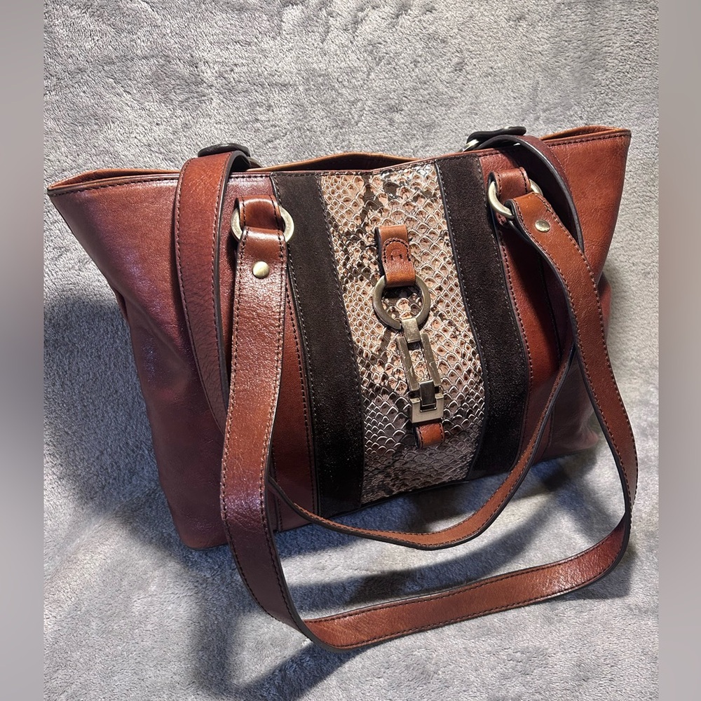 Etienne Aigner Cognac, Suede and Snakeskin Leather Tote w/ Silver Hardware - Picture 3 of 13